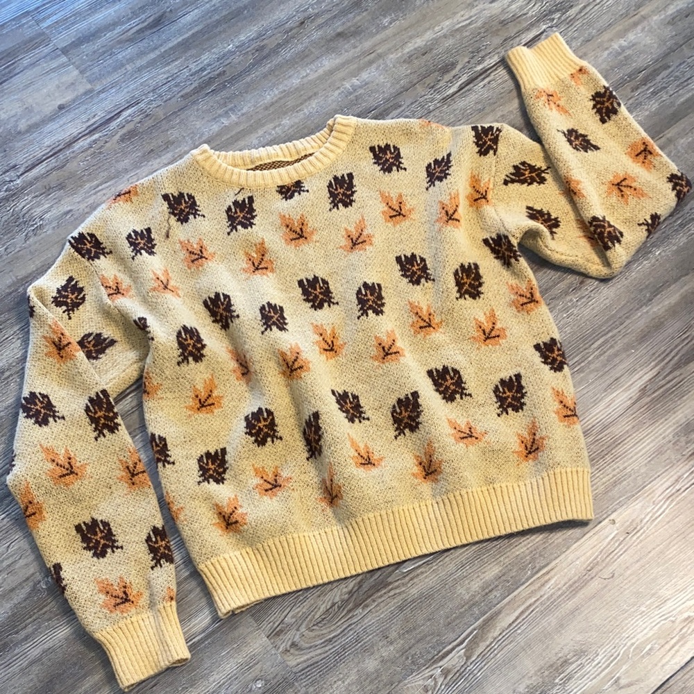 NWOT Traditional Preppy Fall Leaf Print Stretchy Cozy Crewneck Sweater XL